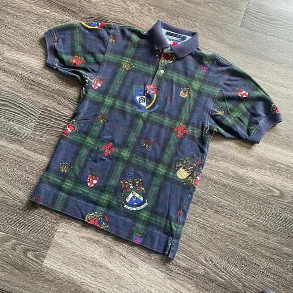 VTG 90s‎ Tommy Hilfiger Polo Shirt Youth Large Plaid Embroidered Crest Fleur De - Picture 4 of 5